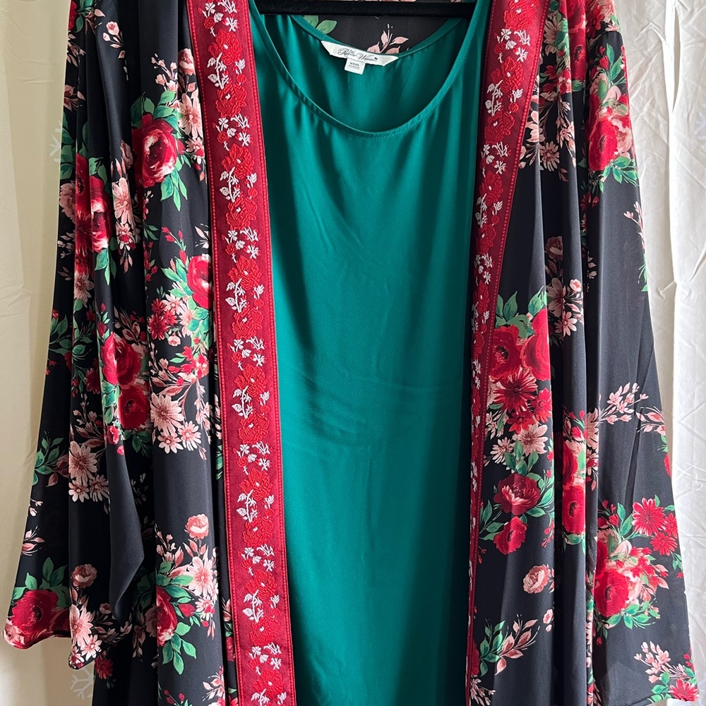The Pioneer Woman Red Floral Blouse with 3/4 Sleeves and Green Accents